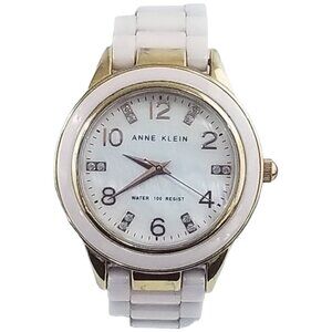 Anne Klein Women's Pink Enamel Gold Tone Watch Mother of Pearl Stainless Steel